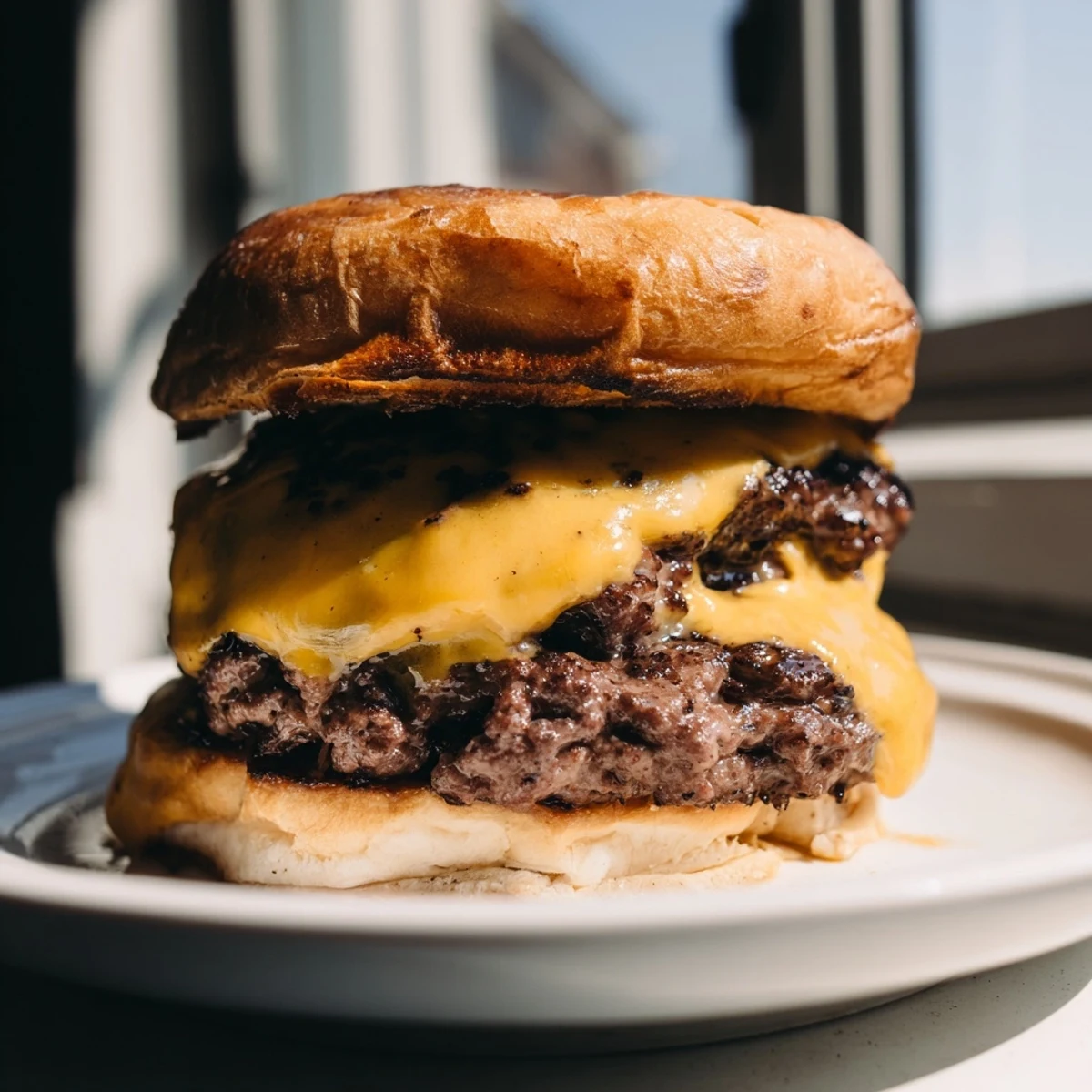 Juicy homemade hamburger patties air fried to perfection with tomato slices and crisp pickles