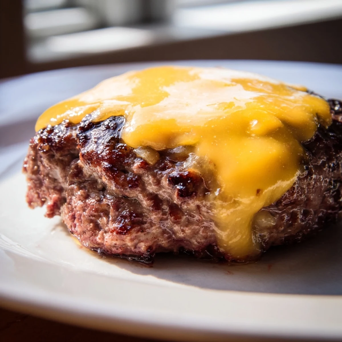 Perfectly cooked air fryer hamburger patties stacked with onions and served on sesame seed buns