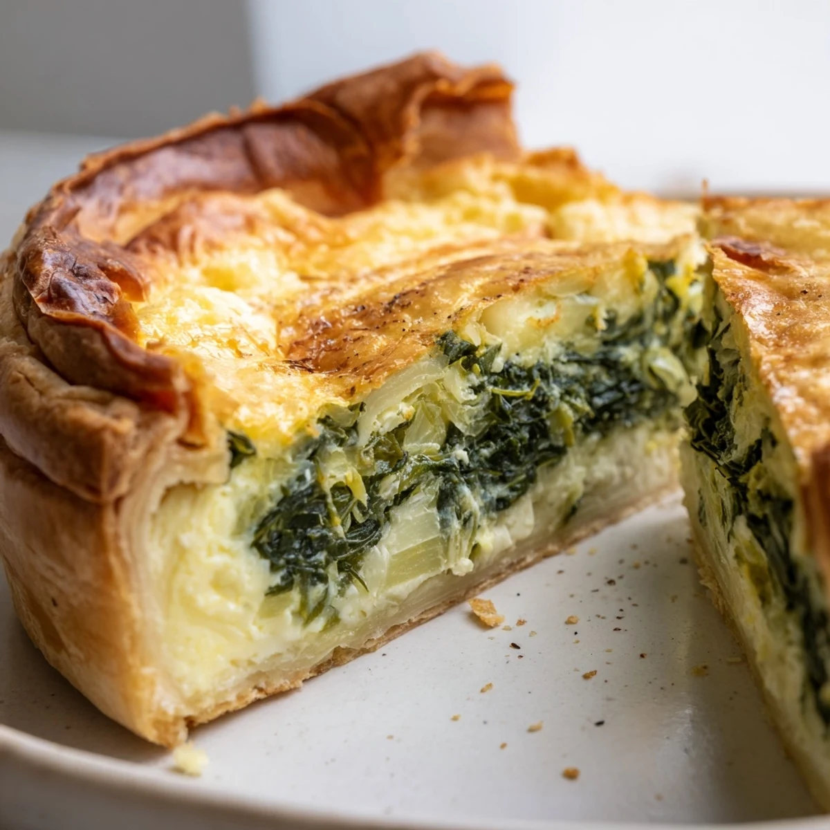 Golden egg pie with silverbeet and ricotta features a flaky pastry crust filled with creamy spinach-like greens and cheese