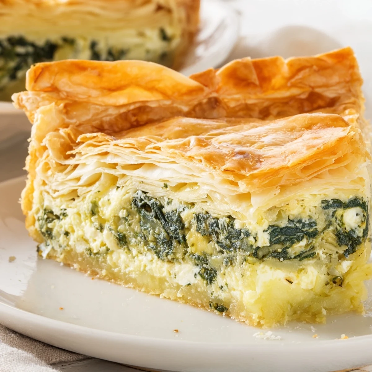 Buttery pastry shell holds a rich egg pie with silverbeet and ricotta, sprinkled with golden parmesan on top
