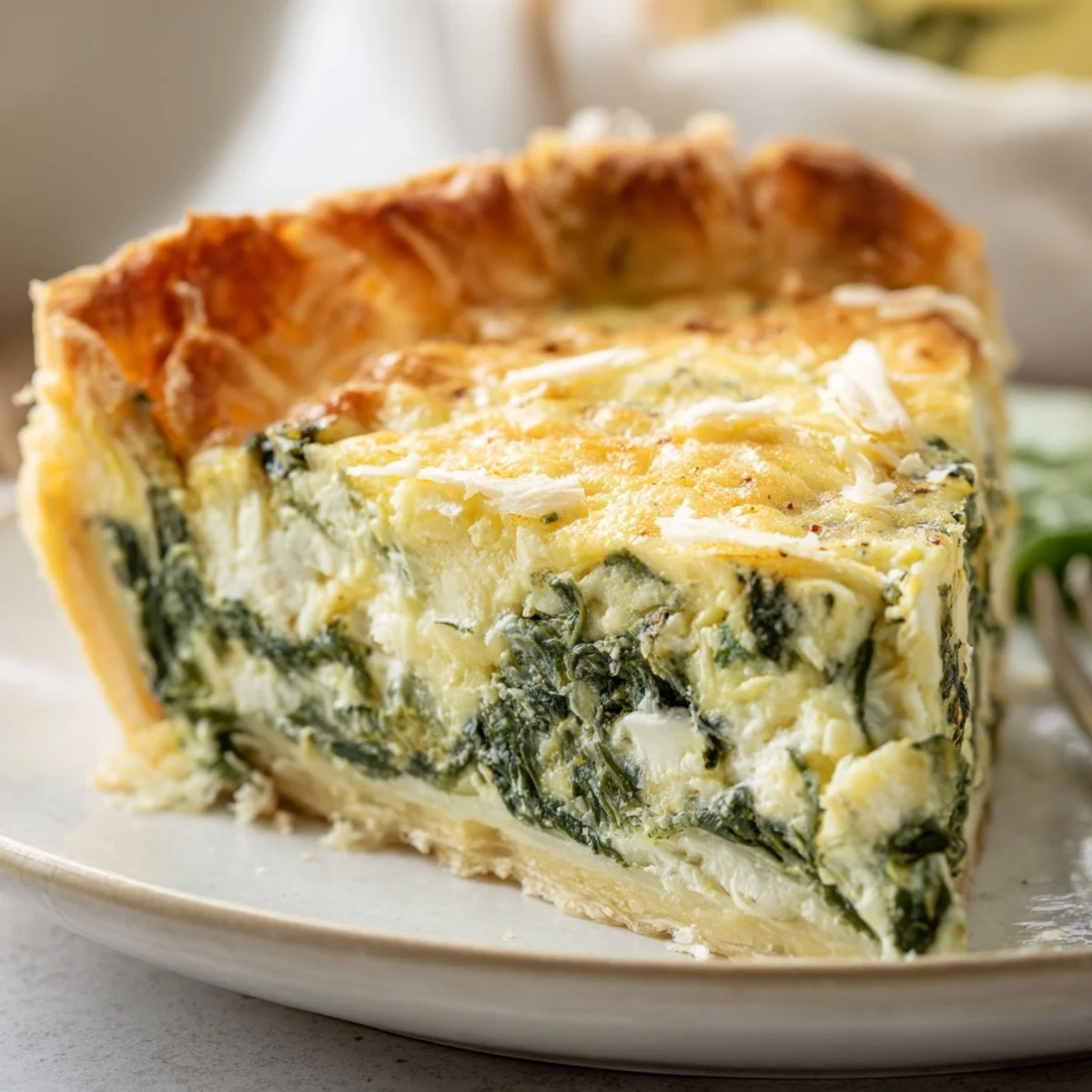 Savory egg pie with silverbeet and ricotta sliced into wedges on a wooden board, showcasing the tender vegetable filling