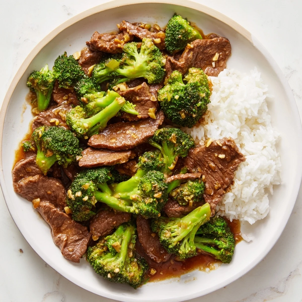 Classic Chinese-American beef and broccoli featuring crisp broccoli florets coated in rich brown glaze