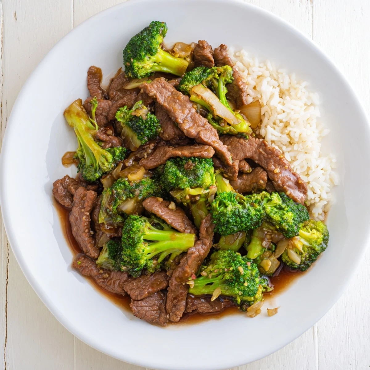 Sizzling beef and broccoli in a wok with thickened oyster sauce and fresh aromatics