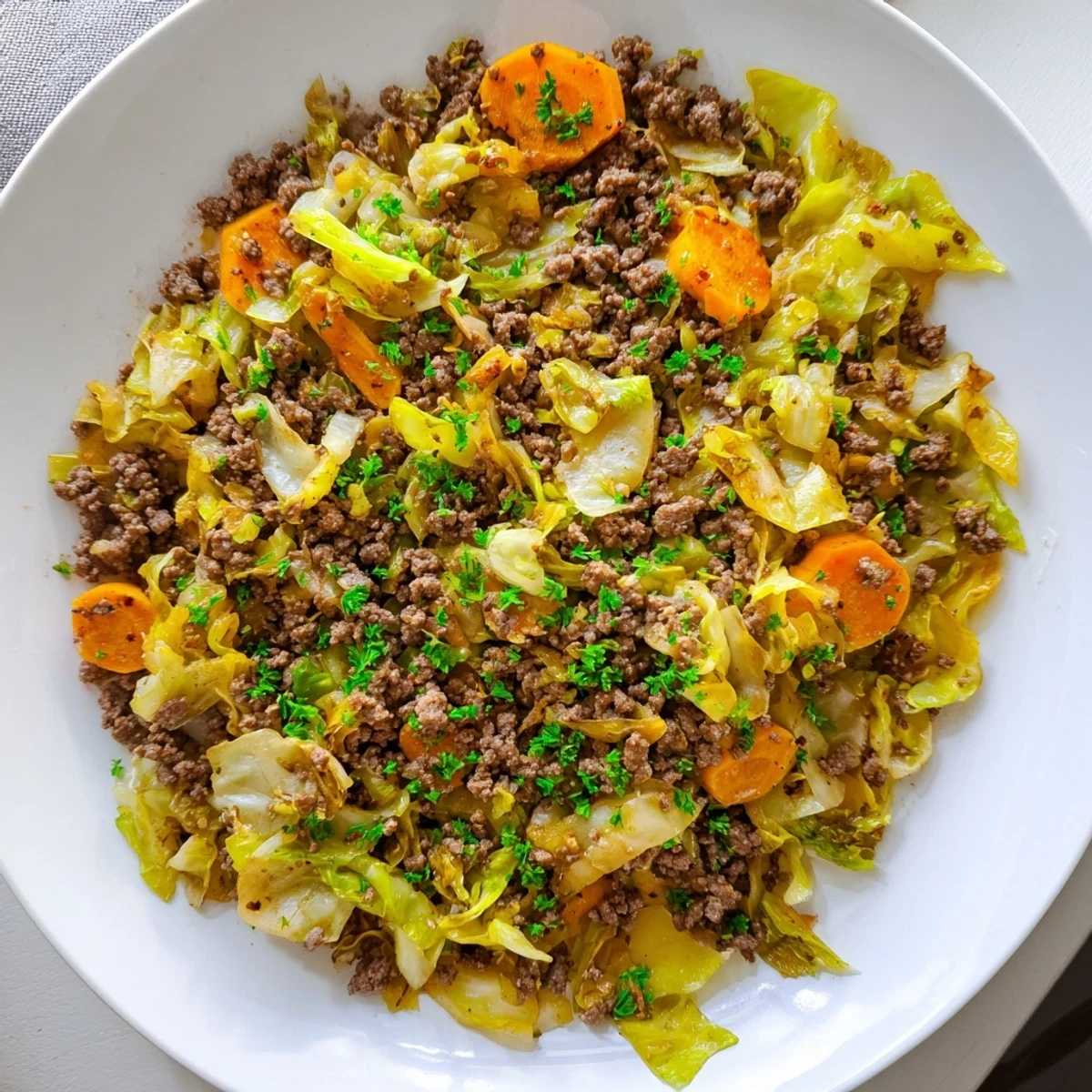 Savory Irish ground beef and cabbage skillet with tender vegetables and fresh parsley garnish