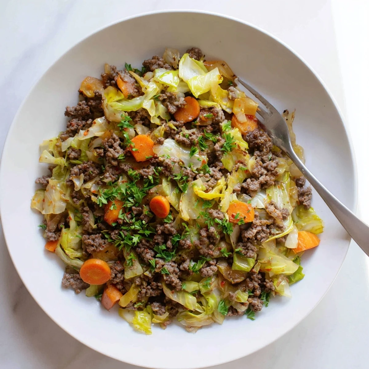 Hearty ground beef and cabbage dish in a cast iron skillet, steam rising from the savory mixture