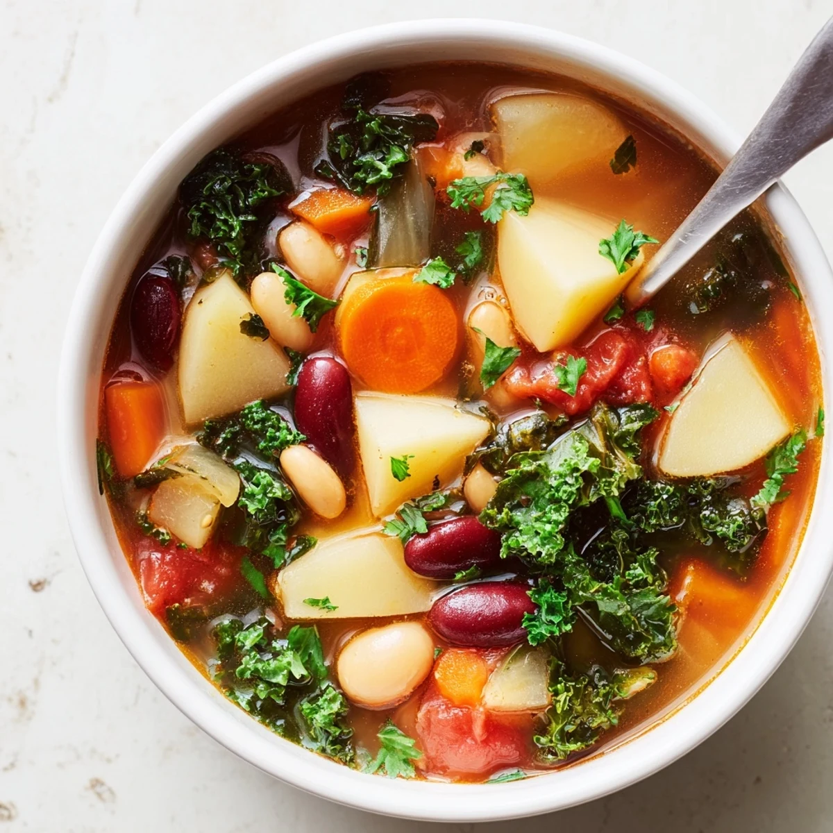 Rustic hearty vegetable and bean soup featuring colorful potatoes, carrots, and kidney beans in rich broth