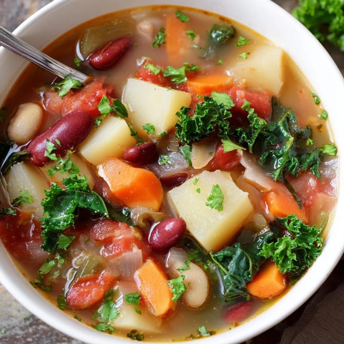 Steamy bowl of hearty vegetable and bean soup garnished with fresh parsley and crusty bread