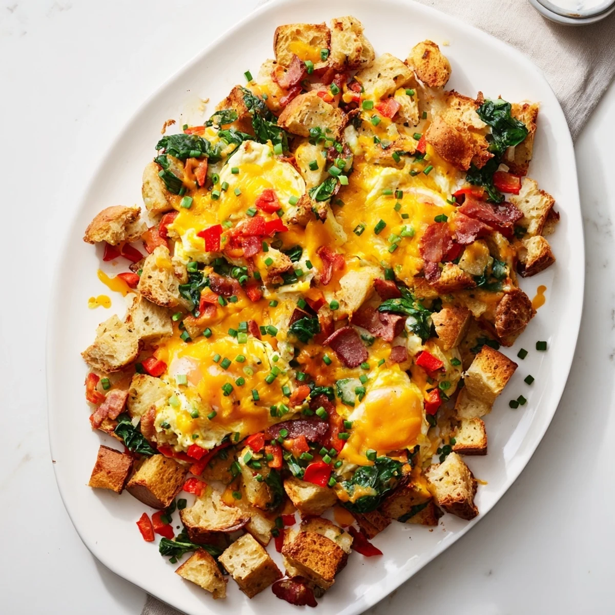 Golden cheesy brekkie bake for dinner featuring crispy bacon eggs and potatoes in a bubbling casserole