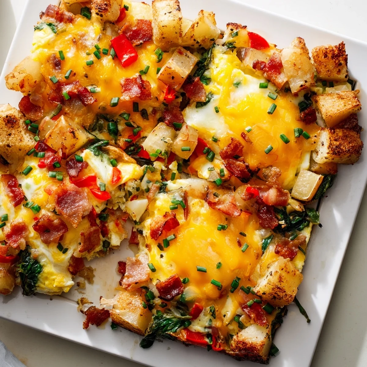 Hearty breakfast casserole served for dinner with melted cheese eggs bacon and colorful vegetables