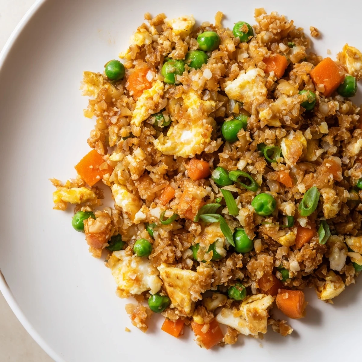 Low-carb cauliflower fried rice stir fry featuring carrots peas and fluffy scrambled eggs