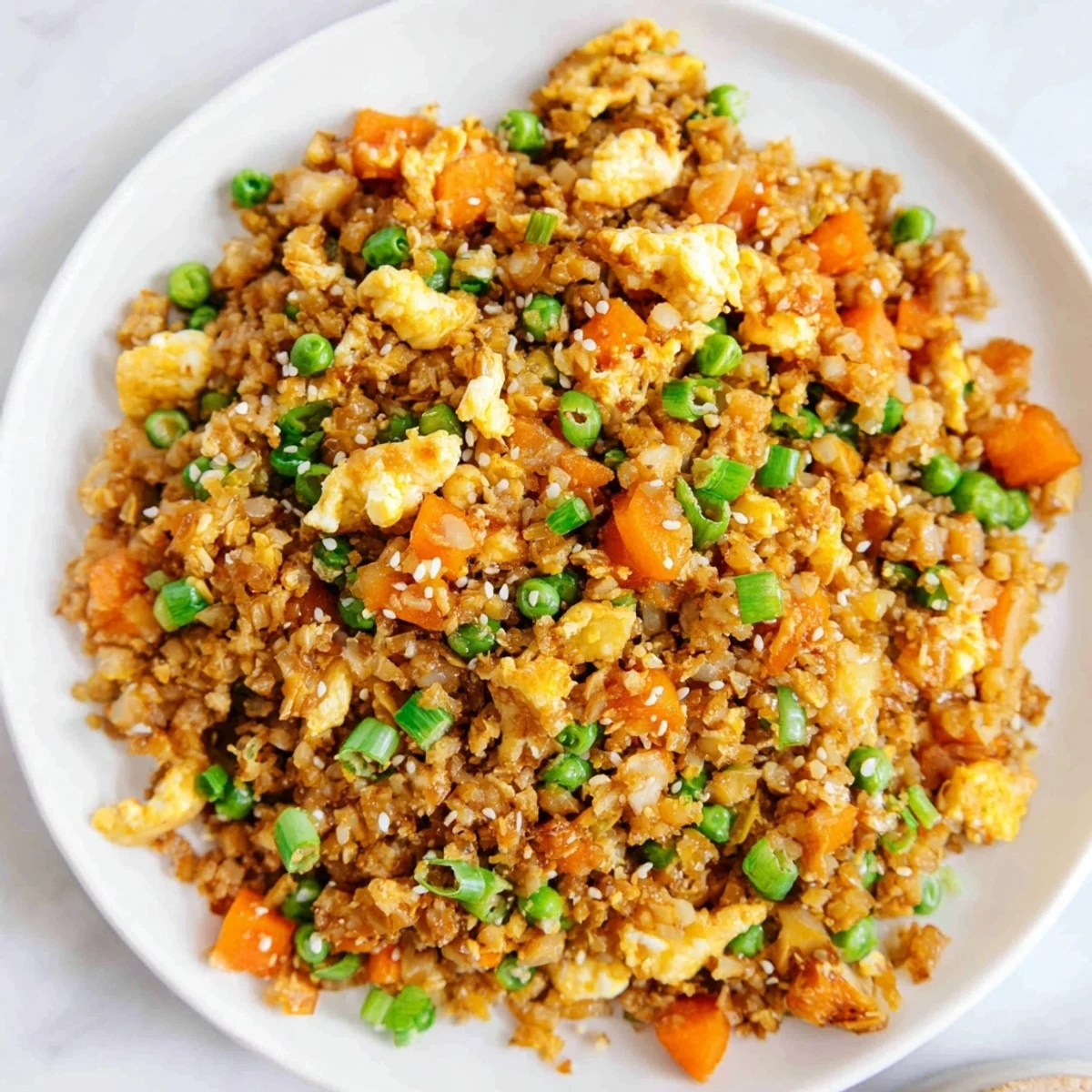 Homemade cauliflower fried rice topped with fresh green onions on a white plate