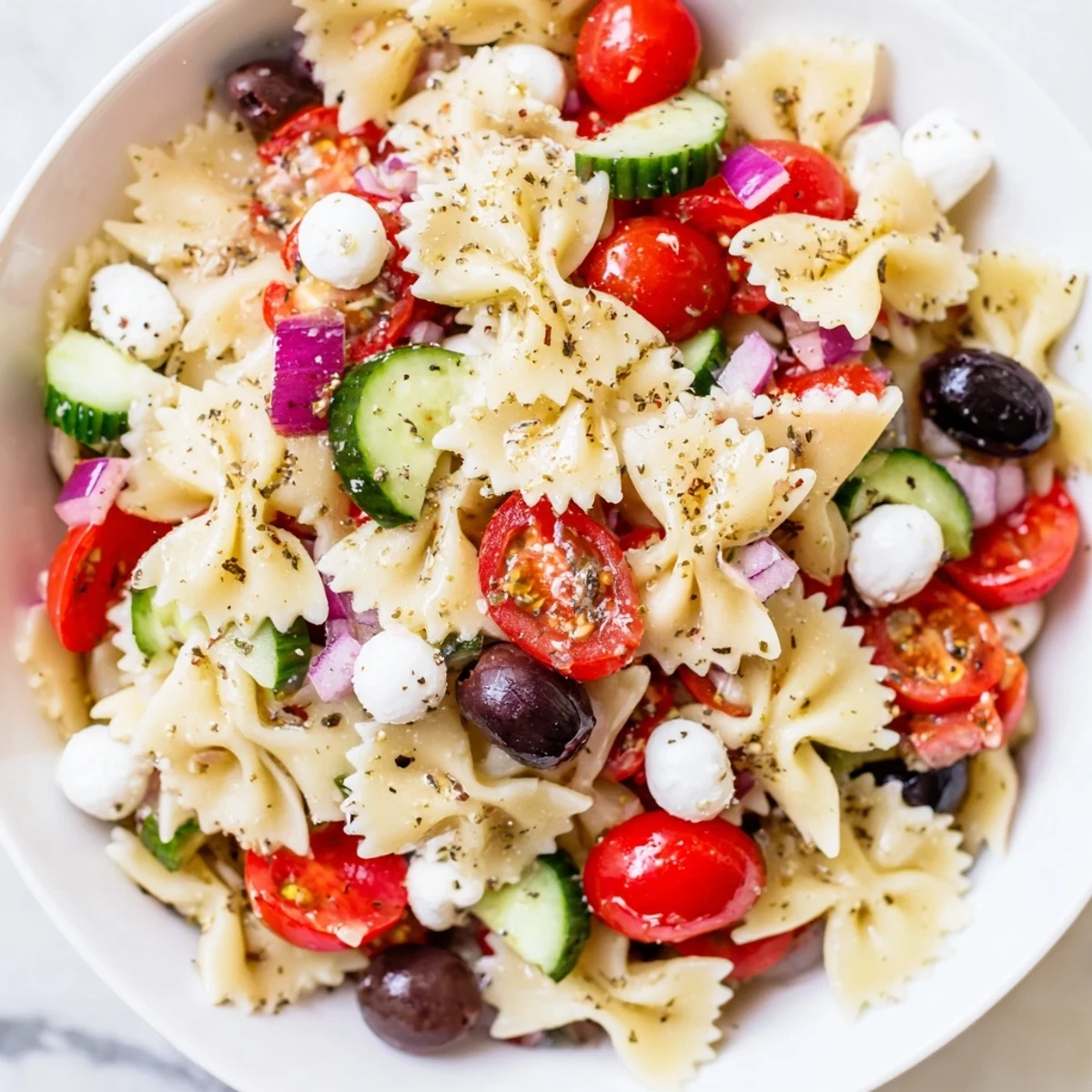 Colorful Italian bow tie pasta salad with cherry tomatoes, olives, and fresh mozzarella glistening with herb dressing