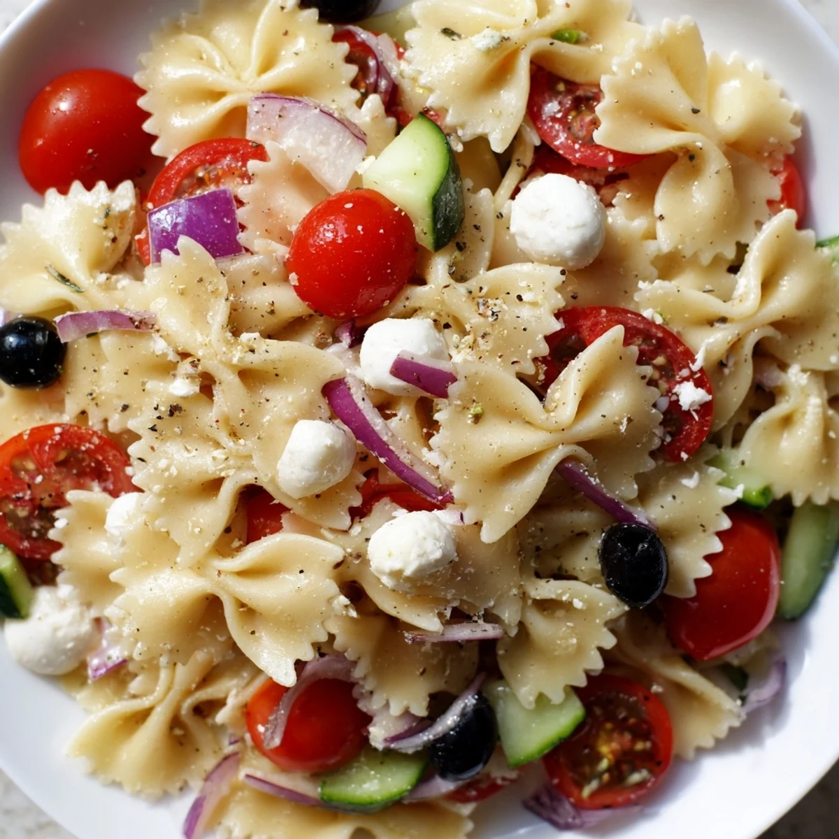 Close-up of Italian pasta salad featuring bow tie noodles, colorful diced vegetables, and white mozzarella pearls
