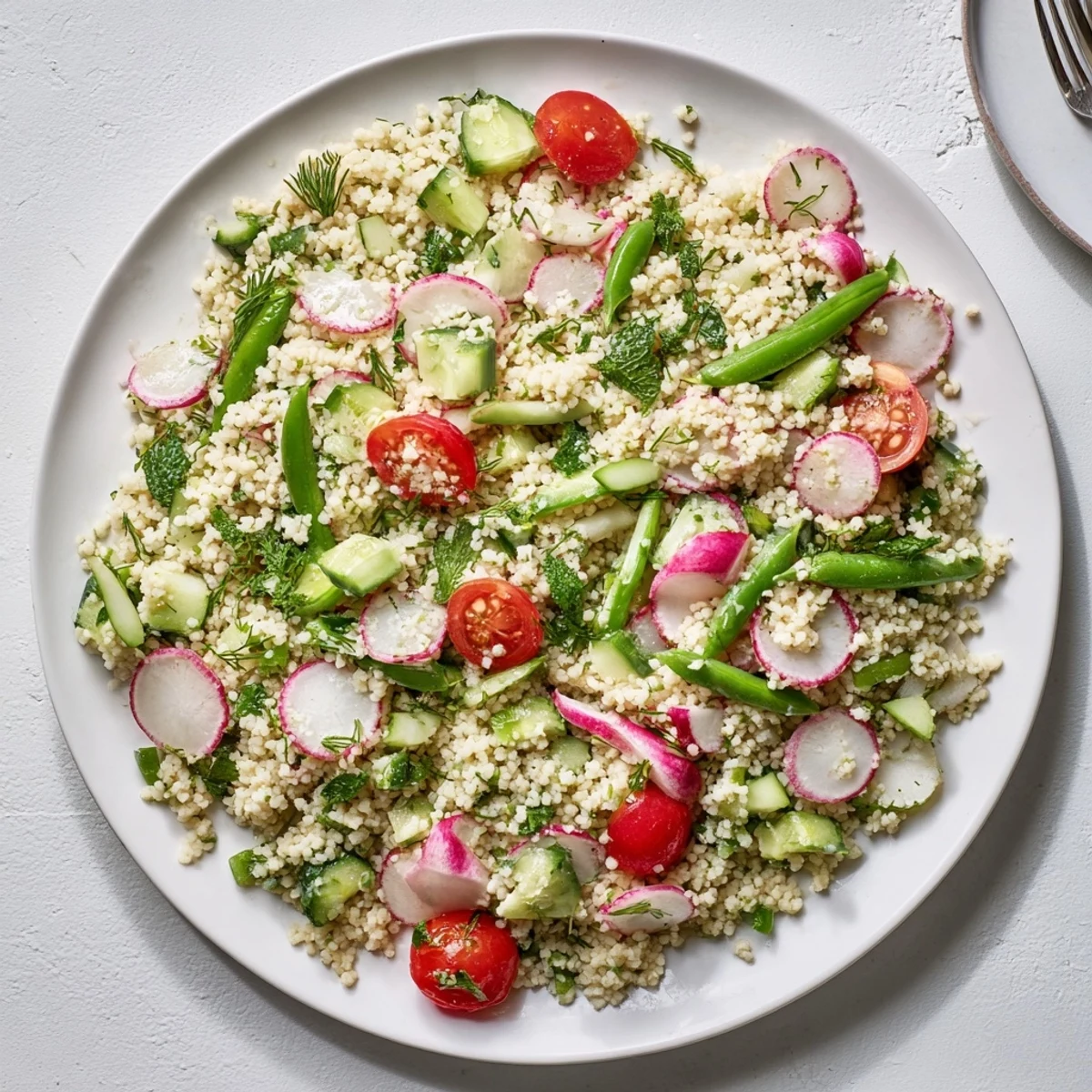 Colorful Spring Couscous Salad with crisp vegetables, fresh herbs, and zesty lemon dressing served in a white bowl
