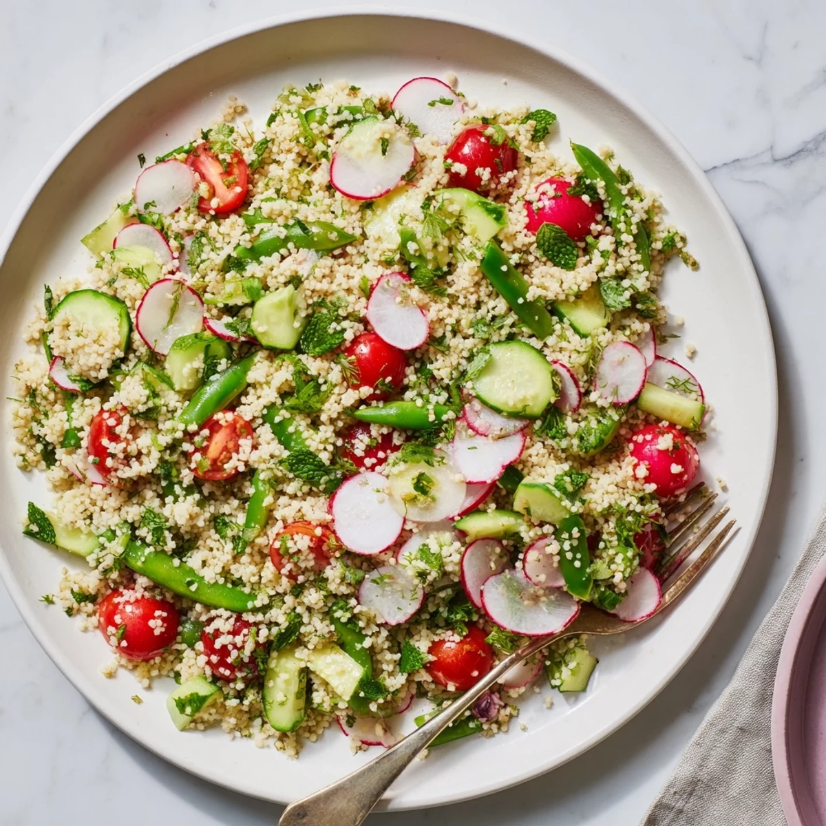 Fresh Mediterranean couscous salad featuring cherry tomatoes, cucumber, and snap peas tossed with bright herb vinaigrette