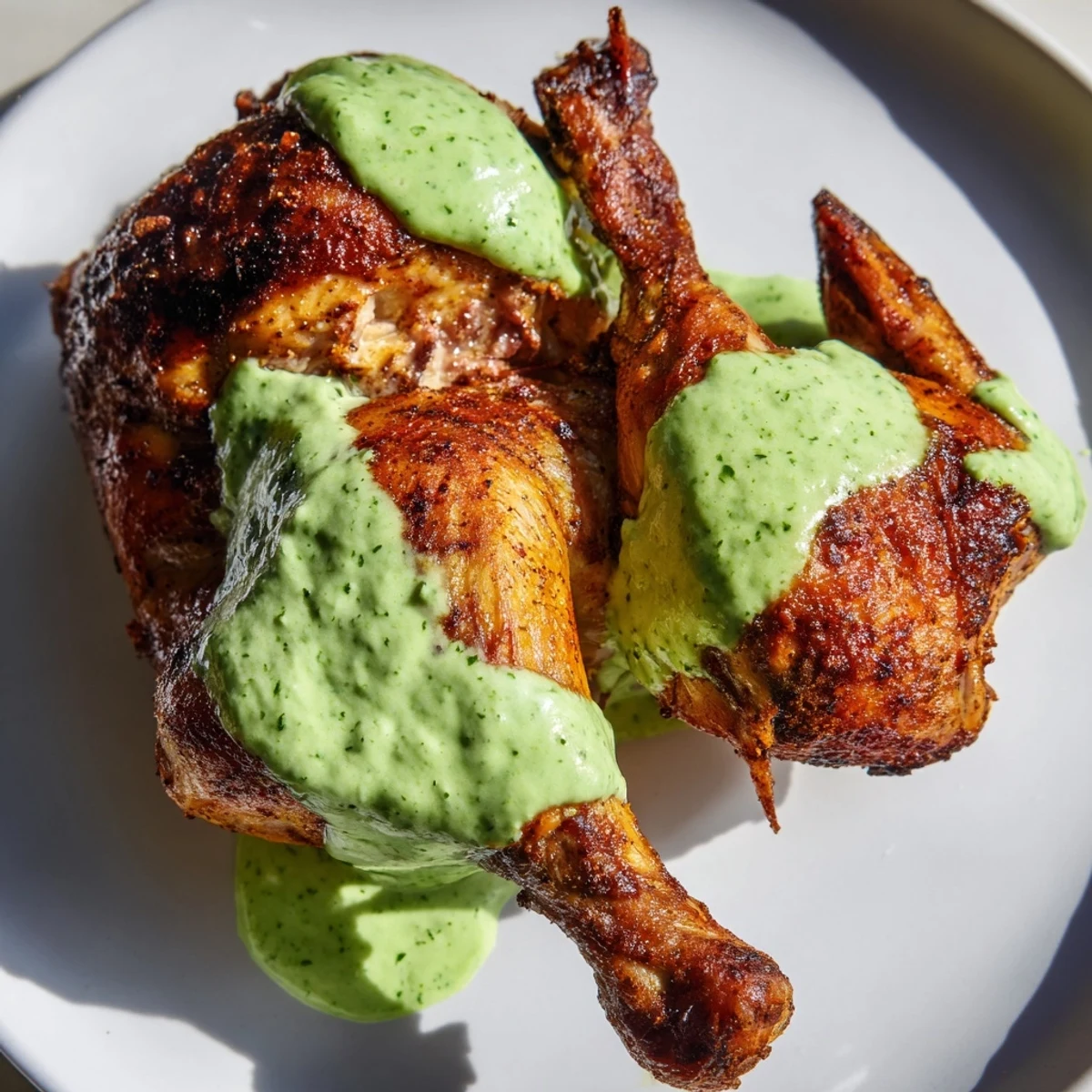 Golden roasted Peruvian chicken with crispy skin served alongside vibrant green aji verde sauce