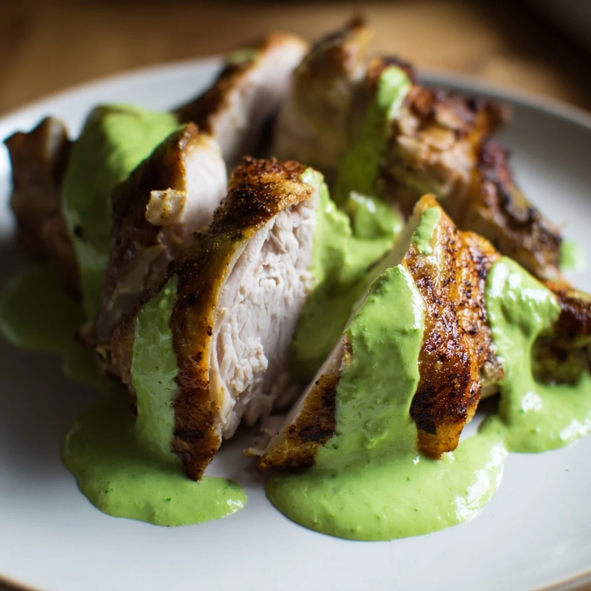 Spatchcocked roast chicken marinated in cumin and spices topped with creamy cilantro jalapeño sauce