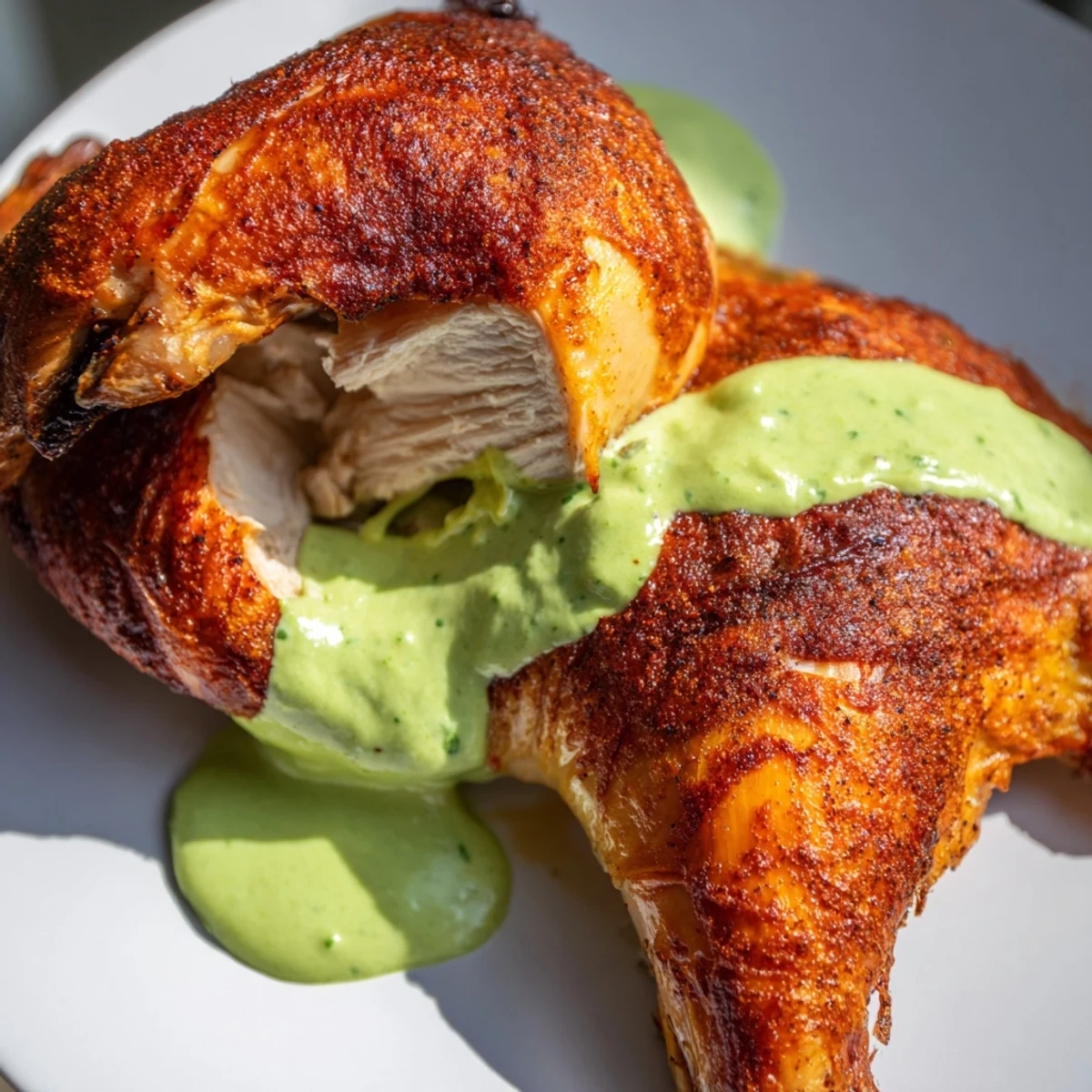 Whole Peruvian roast chicken with tender meat drizzled with zesty herbaceous green dipping sauce