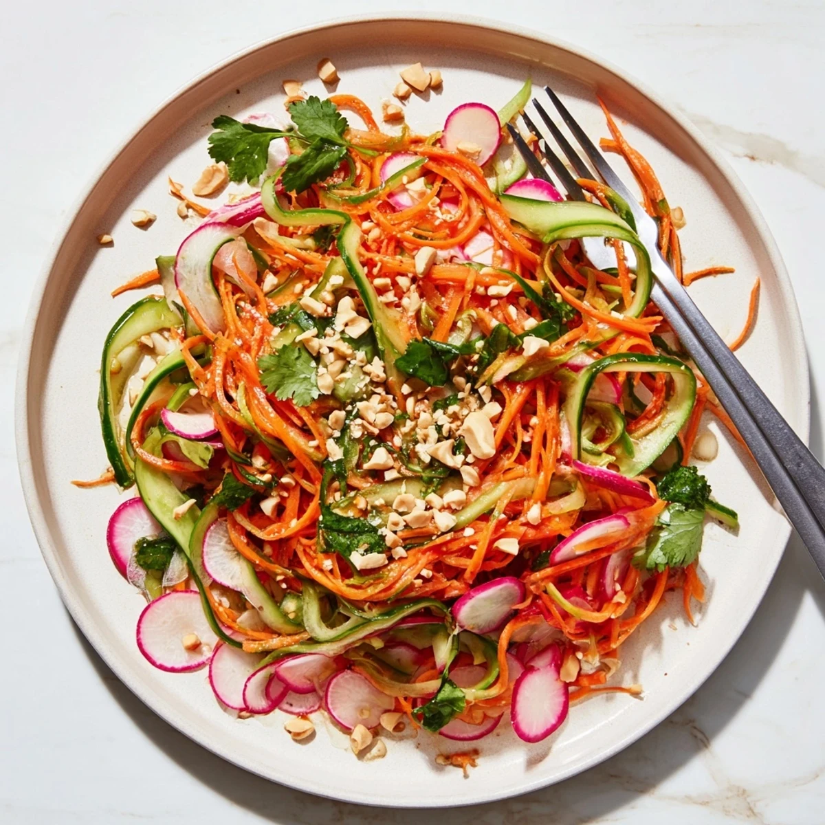 Vibrant cucumber carrot salad with big crunch served with roasted peanut topping