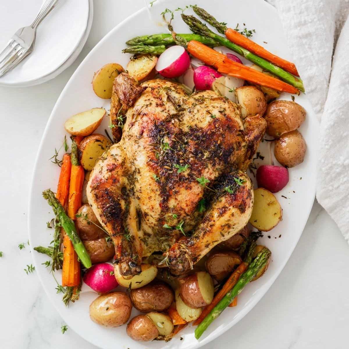 Golden herb roasted chicken with spring vegetables on a rustic serving platter