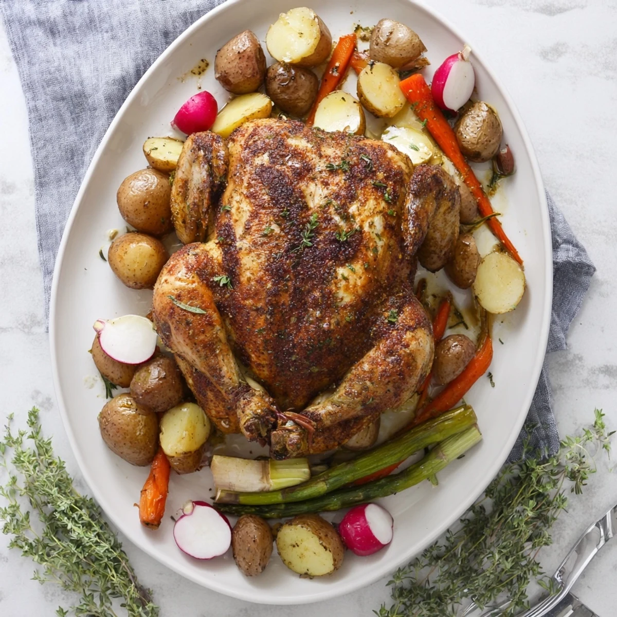 Juicy herb roasted chicken resting atop a bed of tender seasonal spring vegetables