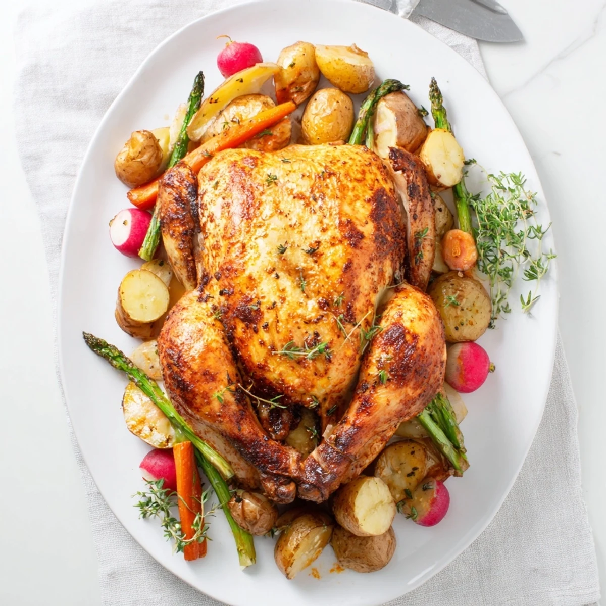 Whole roasted chicken surrounded by colorful carrots, asparagus, and baby potatoes