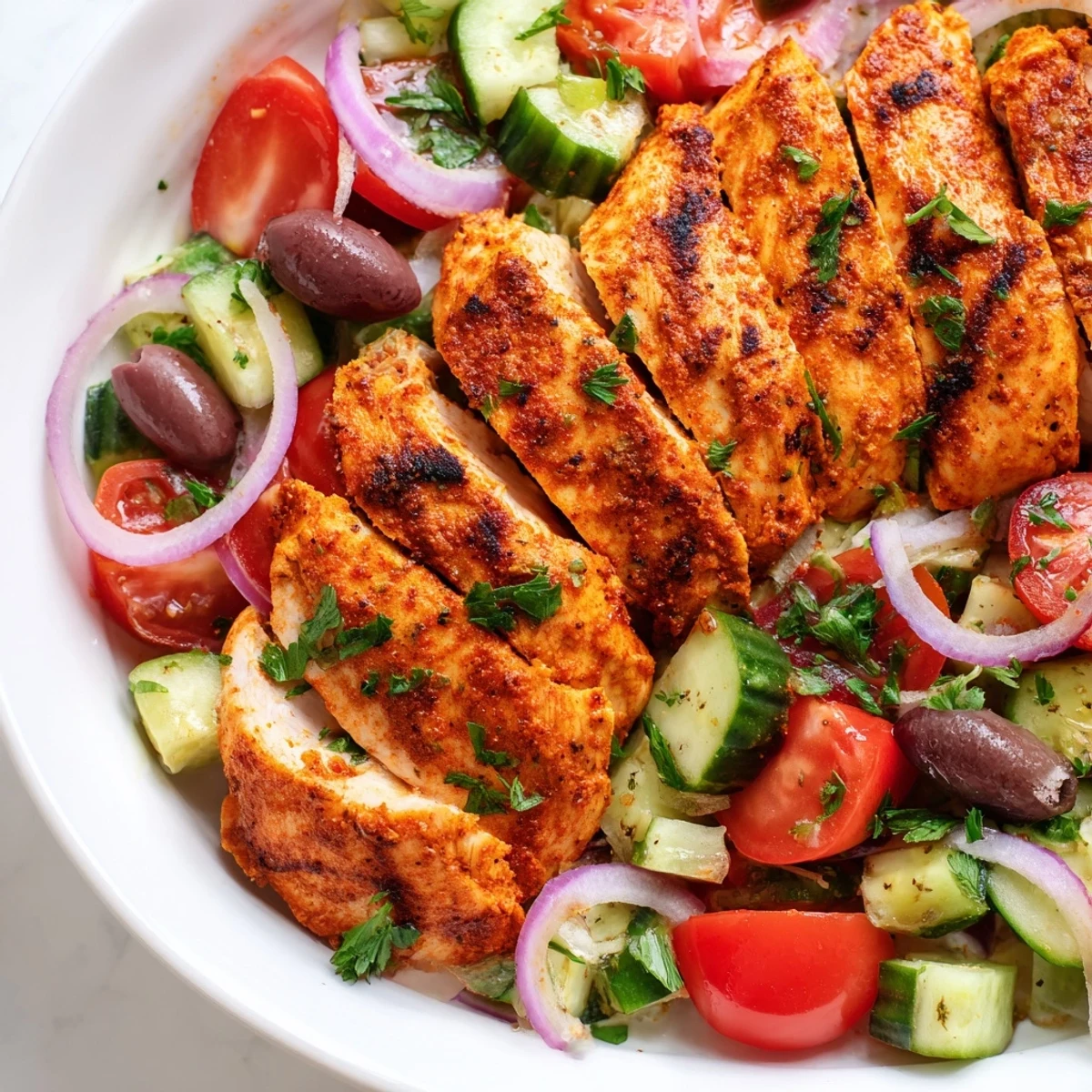 Golden grilled spicy Mediterranean chicken breasts sliced and plated over crisp cucumber tomato salad