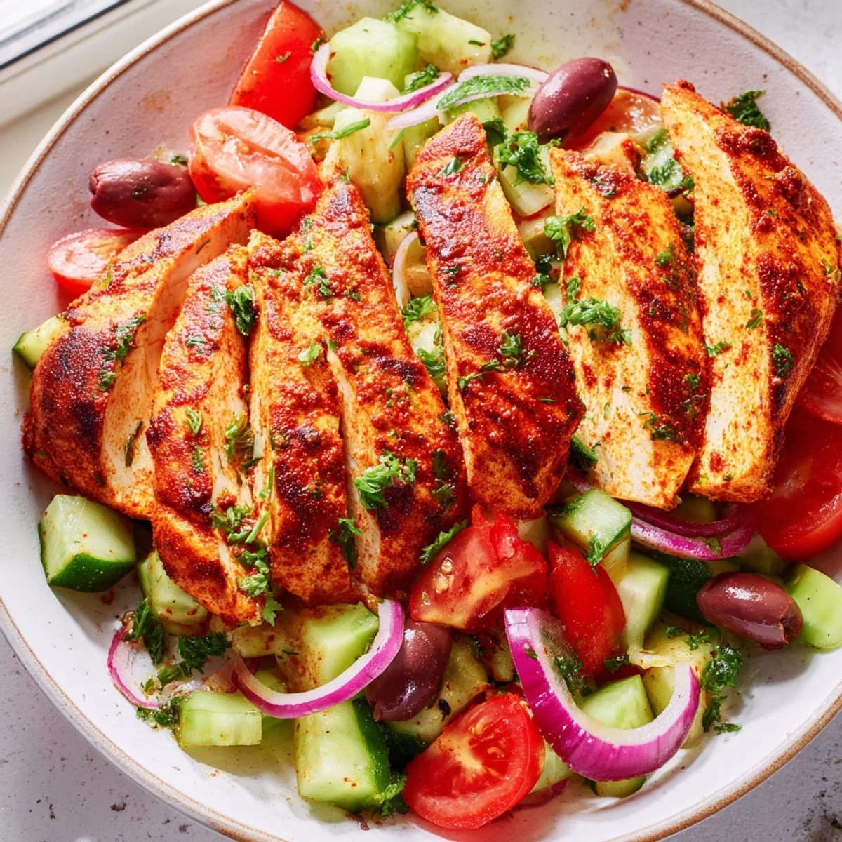 Juicy fiery chicken seasoned with paprika and cumin served alongside refreshing Mediterranean cucumber salad