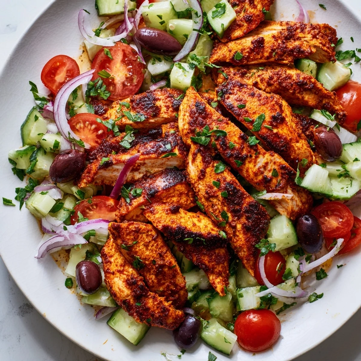 Perfectly grilled spicy Mediterranean chicken dish garnished with fresh parsley and cooling cucumber tomato salad