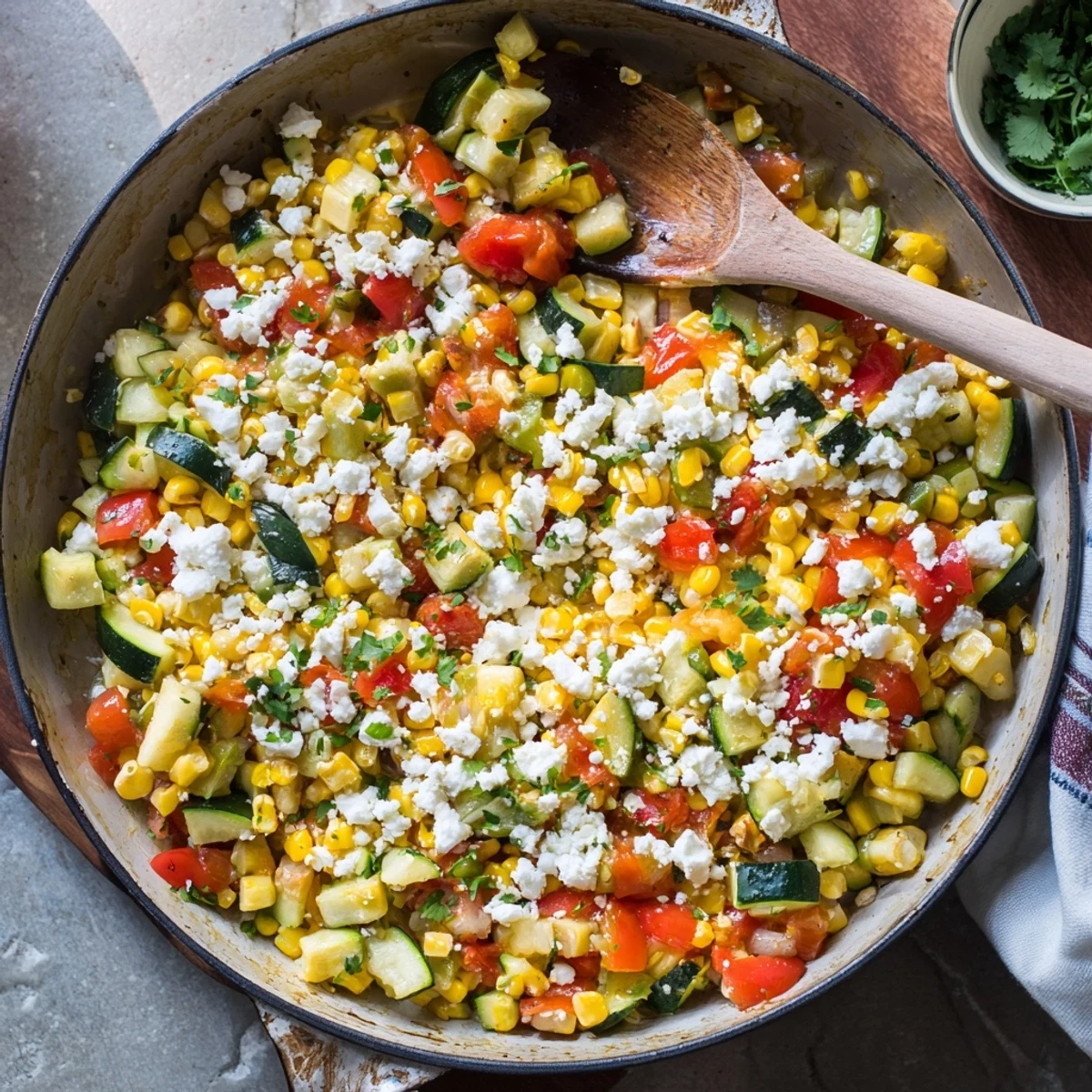 Golden Mexican Calabacitas with roasted poblanos, tomatoes, and fresh cilantro garnish