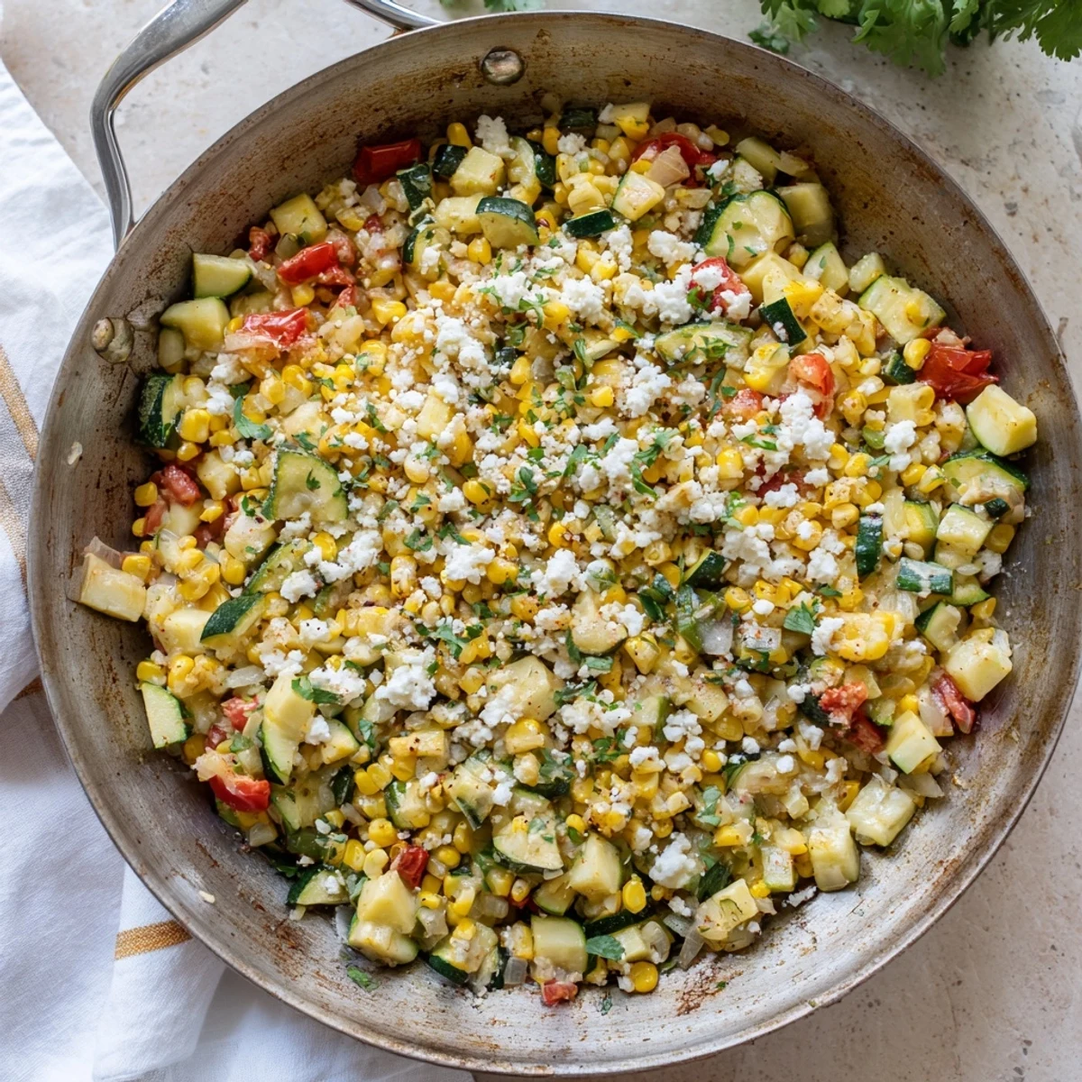 Savory vegetarian Calabacitas side dish with zucchini, corn kernels, and Monterey Jack cheese
