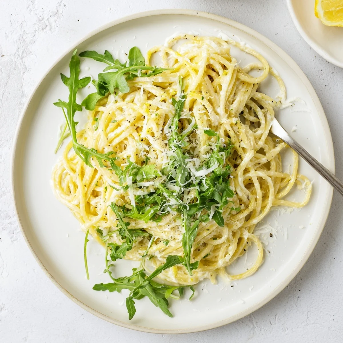 Creamy lemon ricotta pasta tossed with fresh peppery arugula in a white serving bowl