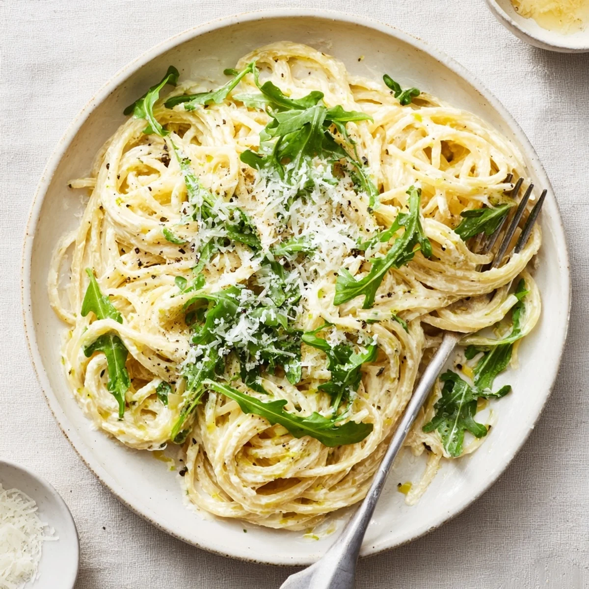 Twirl of bright lemon ricotta coated spaghetti garnished with grated Parmesan and arugula