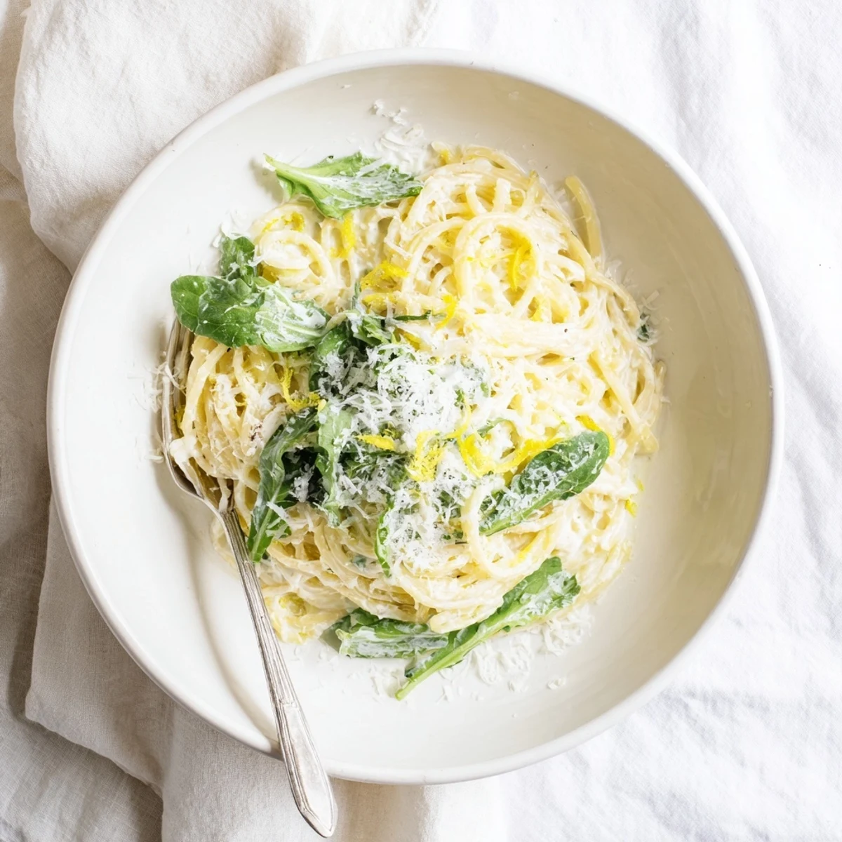 Steaming plate of lemon ricotta pasta with wilted arugula and extra Parmesan cheese topping