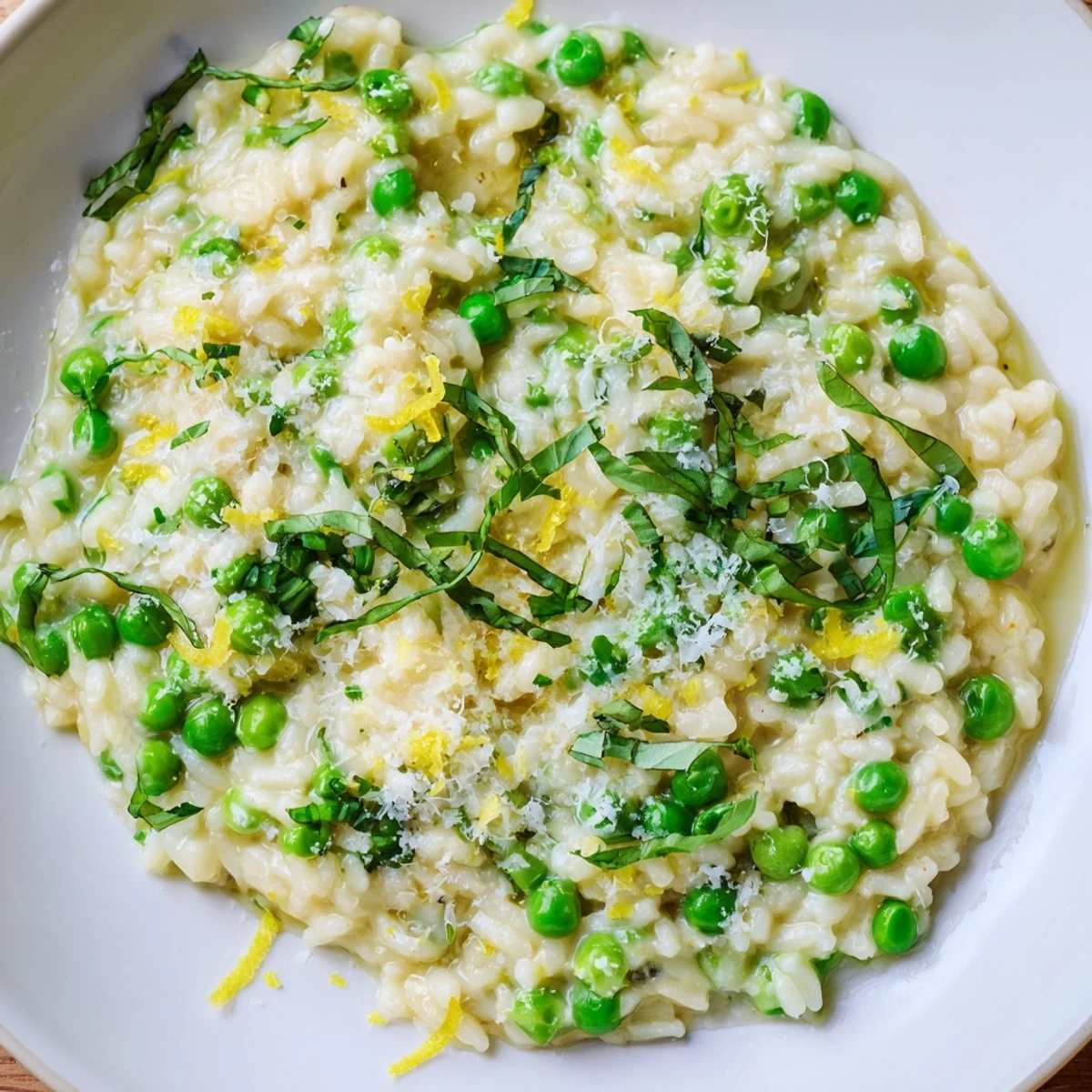 Creamy spring pea risotto topped with grated Parmesan and fresh green basil leaves