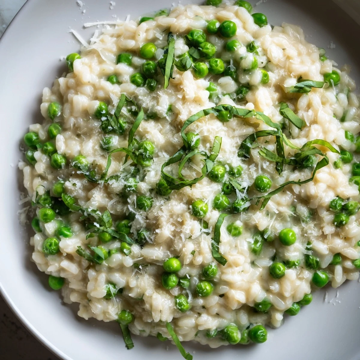 Golden bowl of spring pea risotto with melted cheese and chiffonade basil garnish