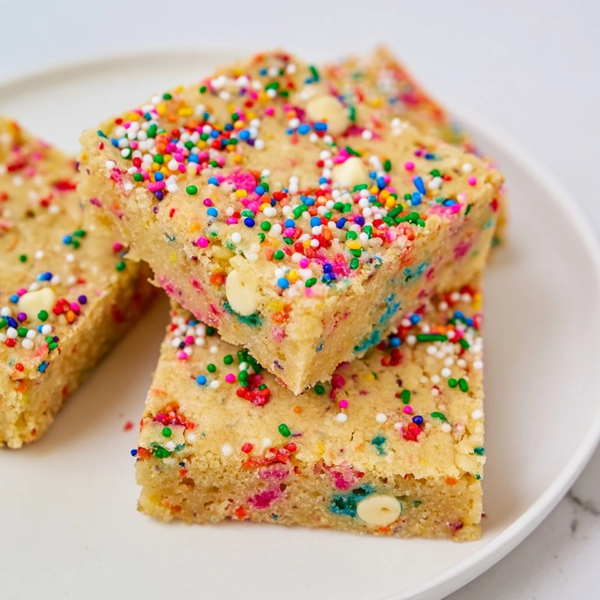 Buttery square blondie studded with colorful sprinkles and white chocolate chips