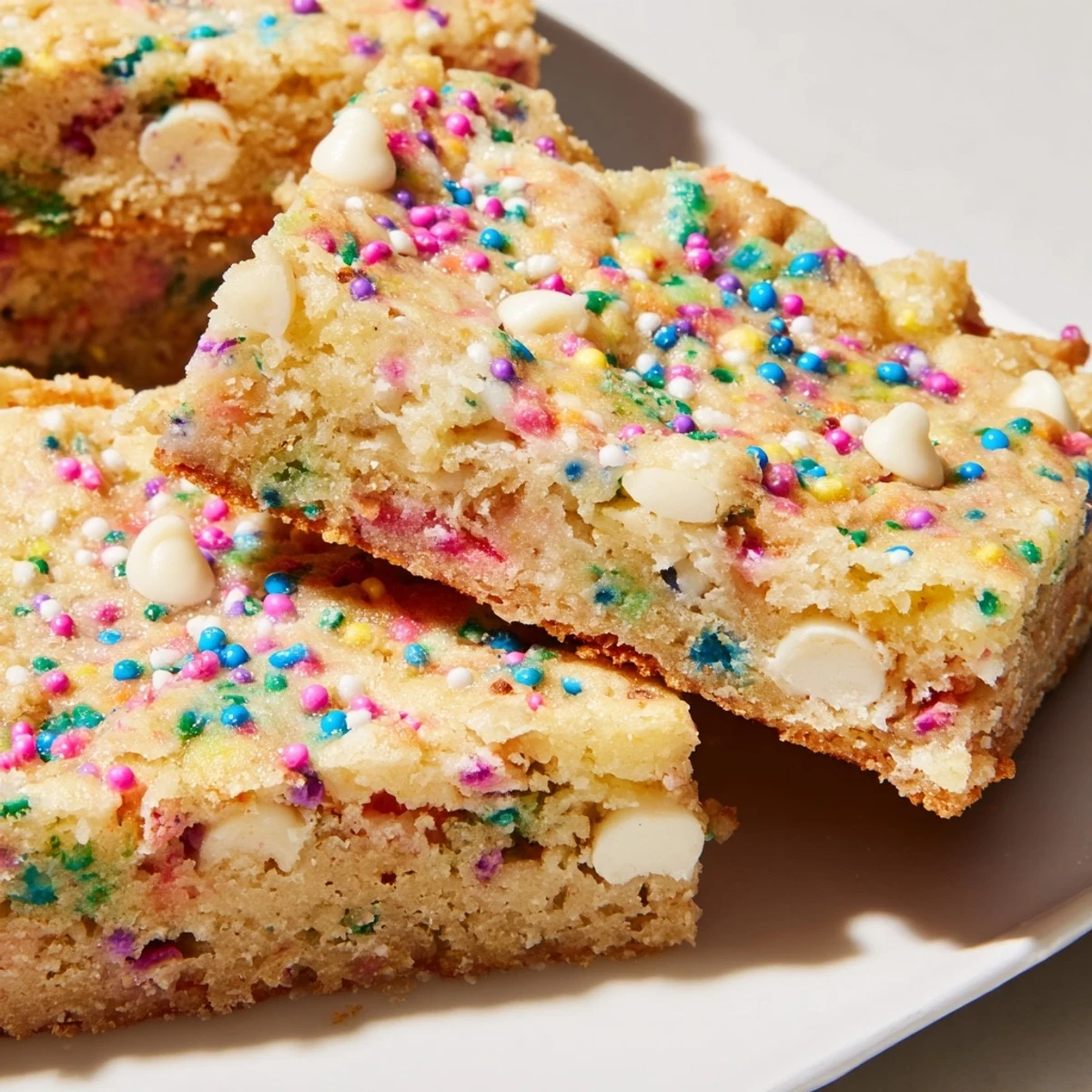 Golden Spring Funfetti Blondies topped with rainbow sprinkles on a white plate