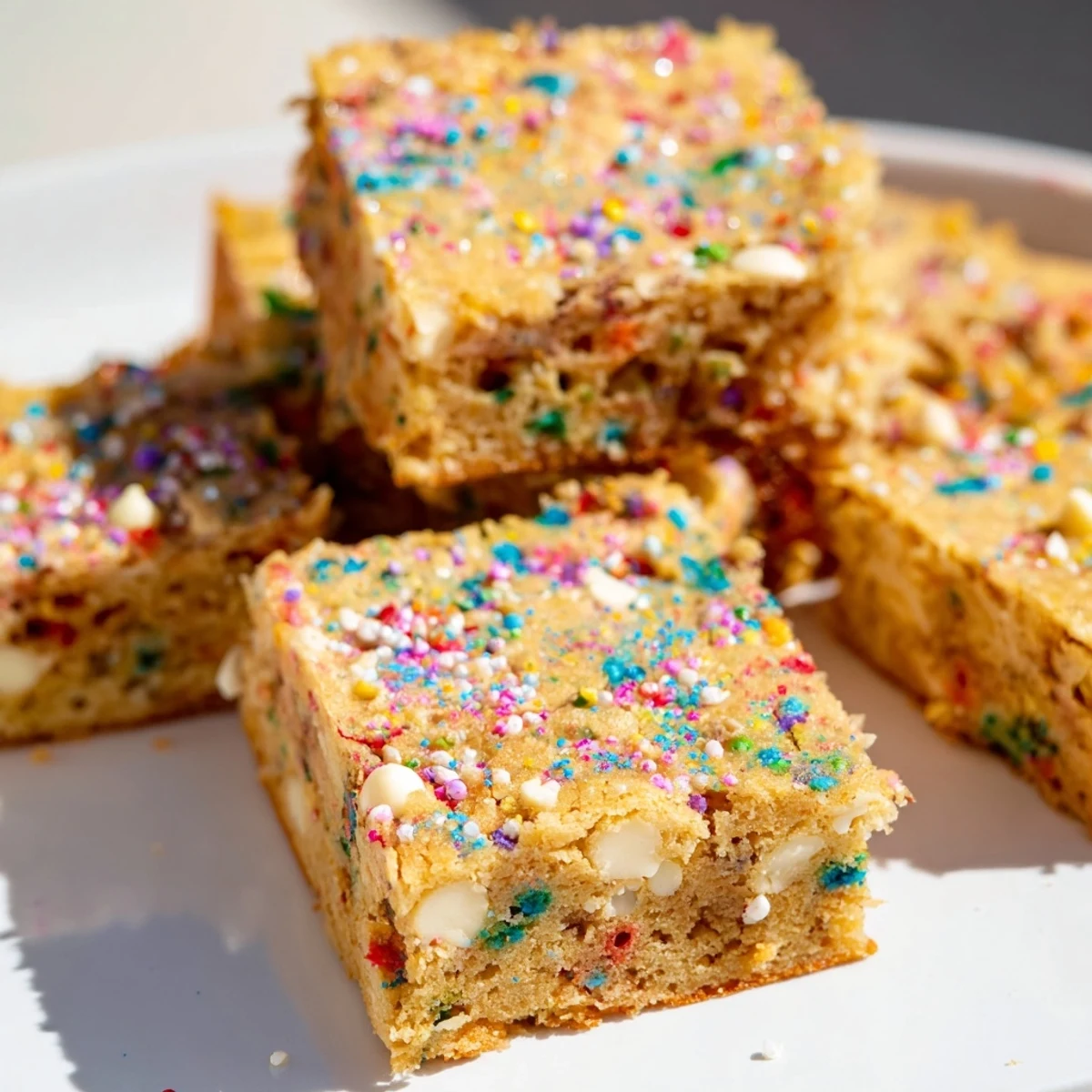 Festive spring Funfetti blondies cut into squares with vibrant rainbow flecks