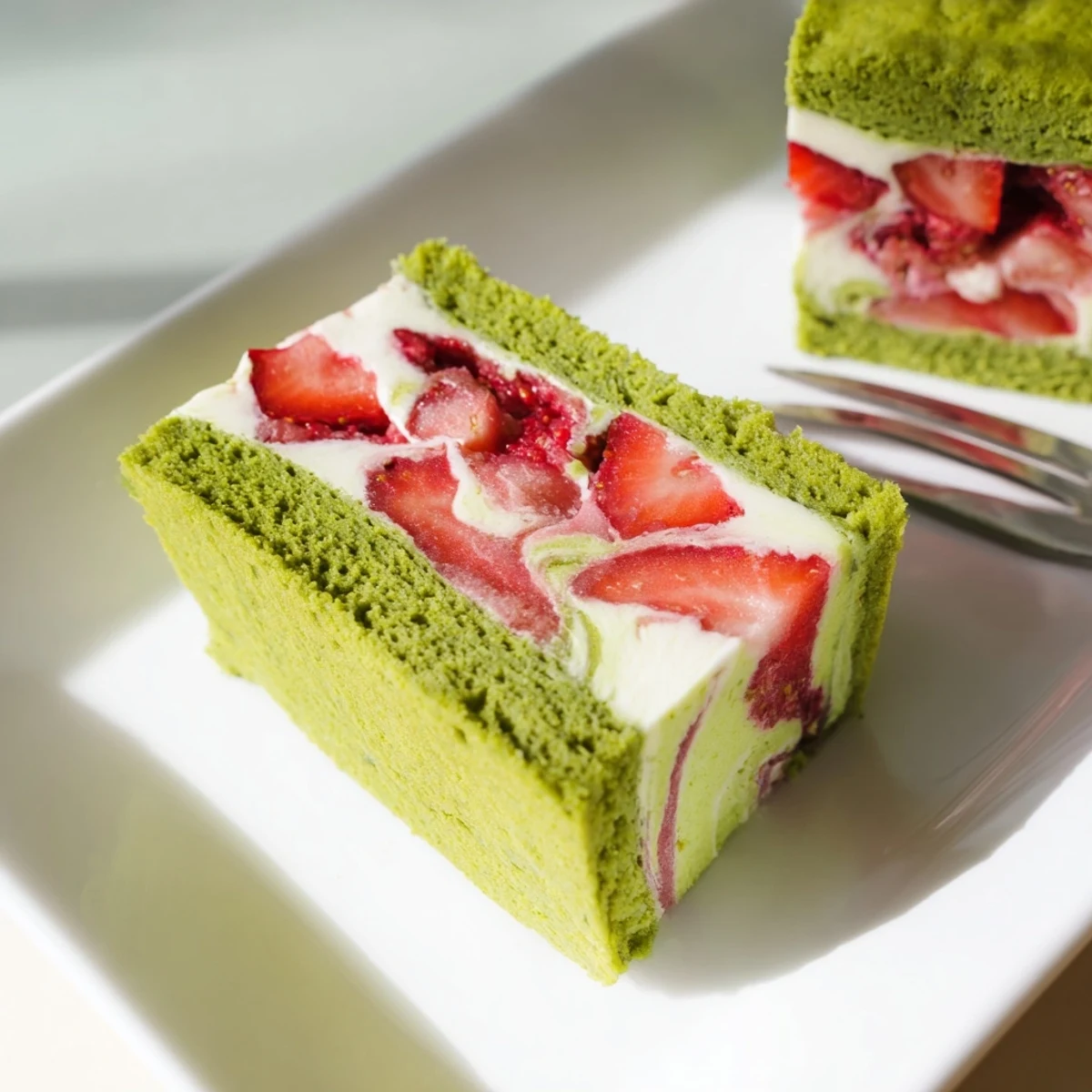 Golden matcha shortbread base topped with creamy vanilla filling and vibrant strawberry swirl pattern
