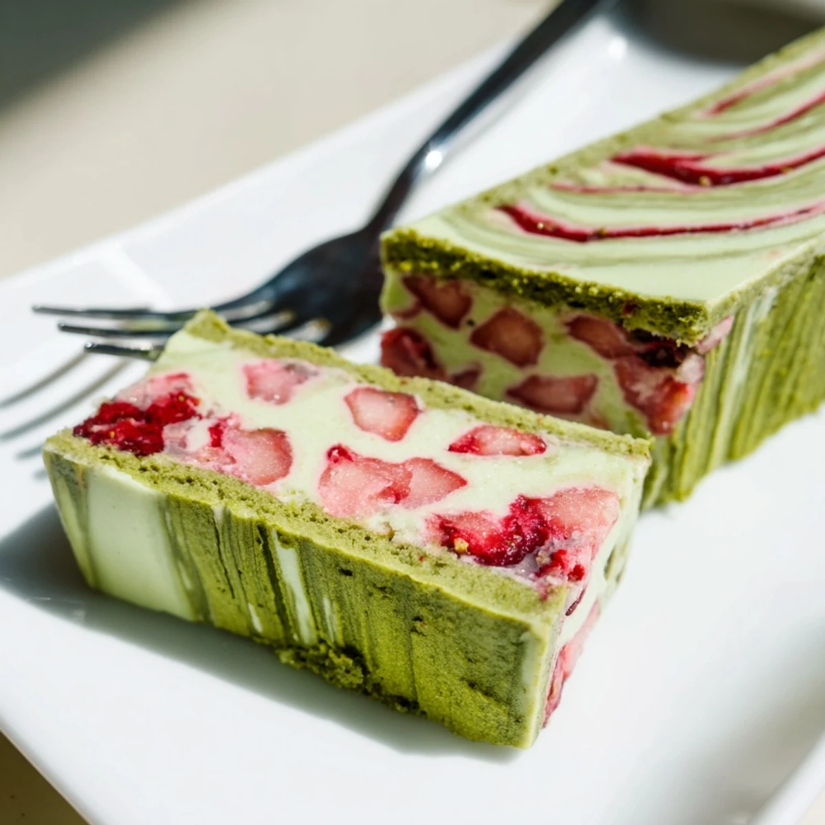 Fresh matcha strawberry cream bars sliced into squares on white serving plate