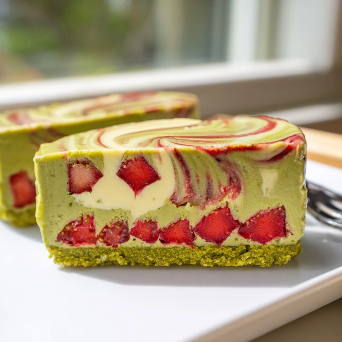 Green tea dessert bars showing marbled strawberry design and smooth cream cheese layer