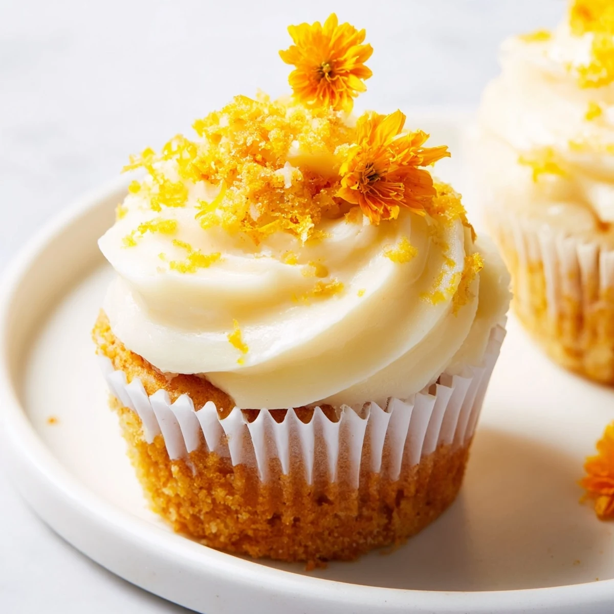 Fluffy orange blossom cupcakes topped with creamy citrus frosting and garnished with fresh orange zest