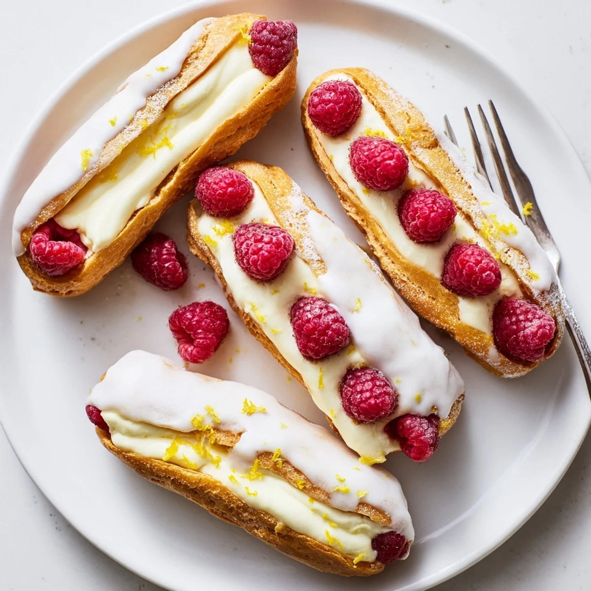 Golden lemon raspberry éclairs filled with tangy lemon cream and topped with fresh raspberries