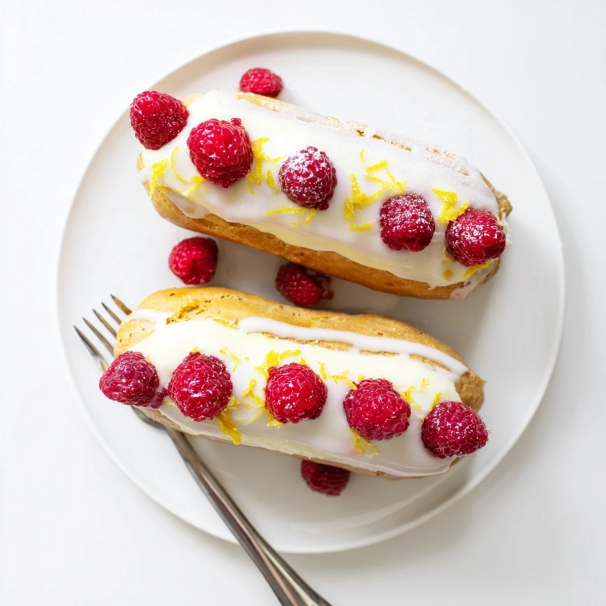 French pastry éclairs with bright lemon curd filling and sweet raspberry garnish on plate
