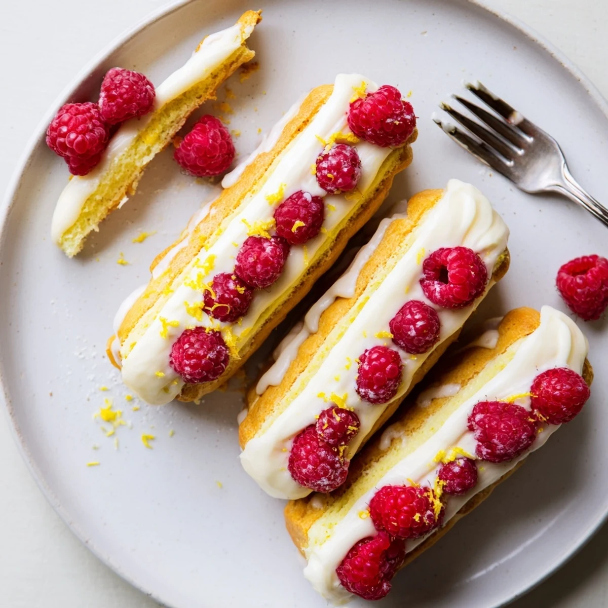 Elegant dessert featuring crisp choux pastry filled with whipped lemon cream and fresh red raspberries