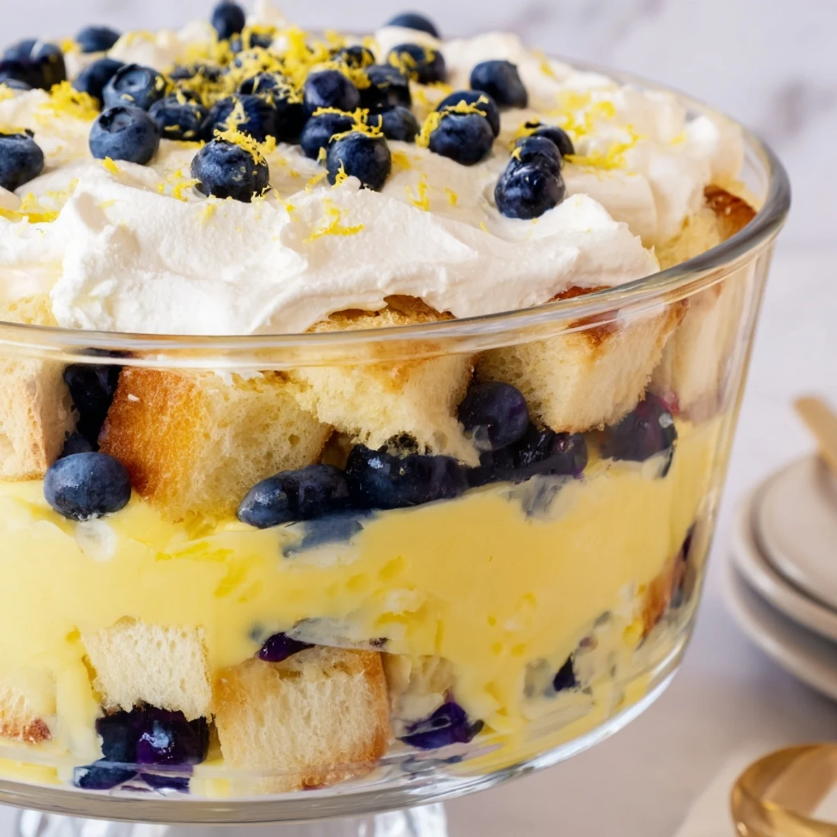 Glass trifle bowl showcasing layered easy lemon blueberry trifle with whipped cream and fresh blueberries