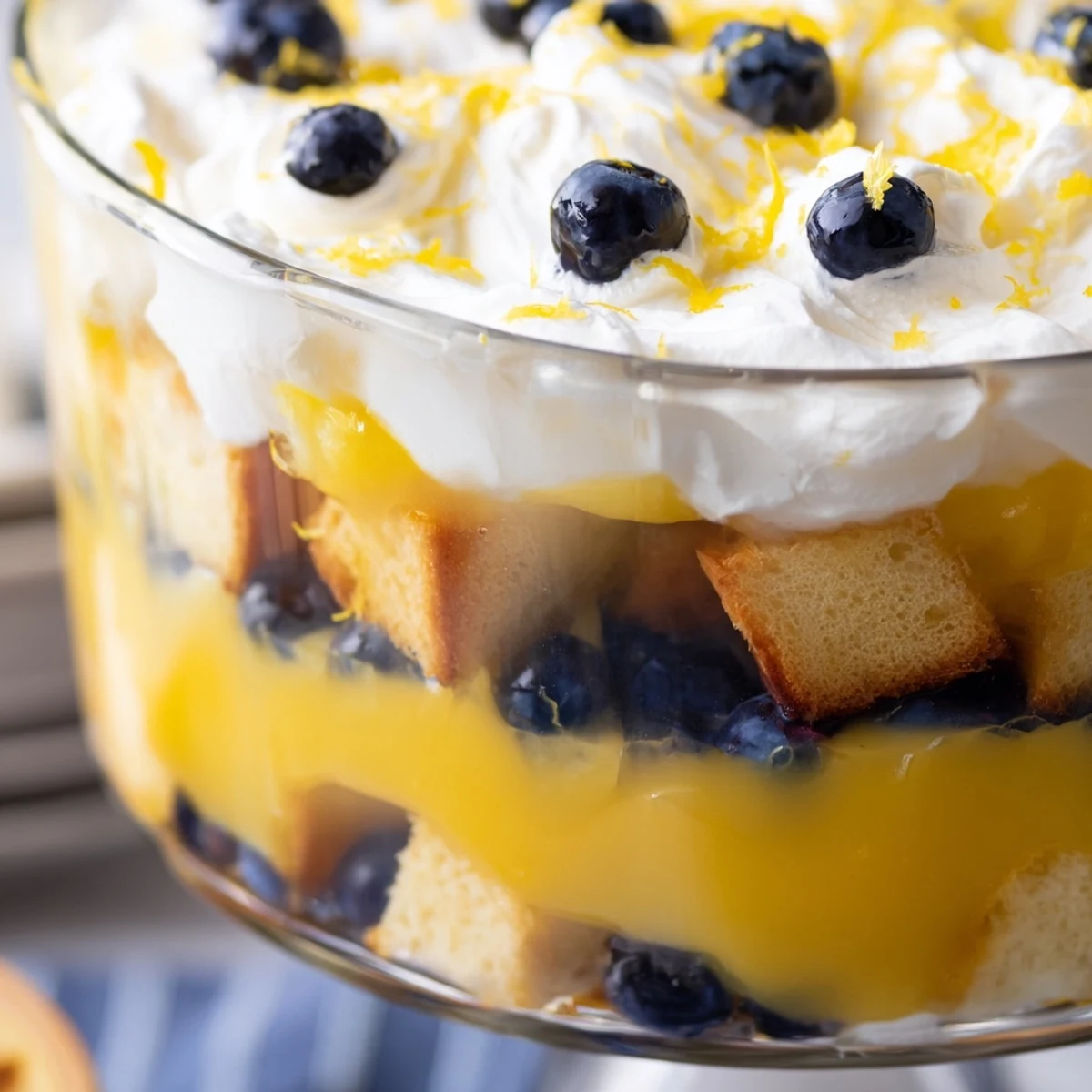 Summer dessert featuring easy lemon blueberry trifle in glass dish with lemon zest garnish