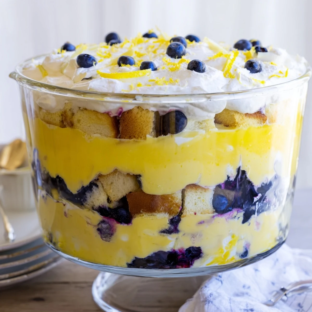 Sliced easy lemon blueberry trifle revealing yellow lemon curd and purple blueberry layers
