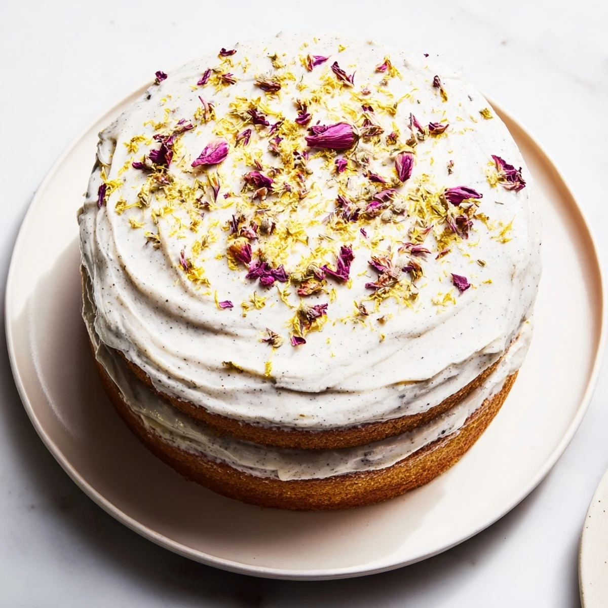 London Fog cake with three Earl Grey infused layers and creamy vanilla bean frosting